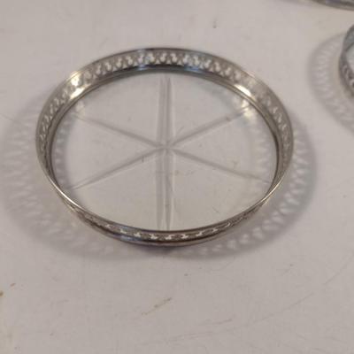 One Dozen Antique Sterling Silver and Glass Beverage Coasters- Approx 3" in Diameter