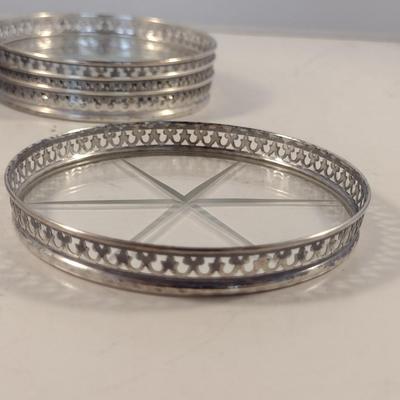 One Dozen Antique Sterling Silver and Glass Beverage Coasters- Approx 3" in Diameter