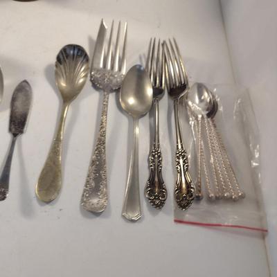 Assorted Metal Table Ware- Teapot, Flatware, Crumb Tray