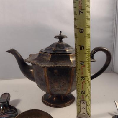 Assorted Metal Table Ware- Teapot, Flatware, Crumb Tray