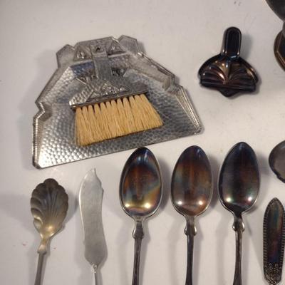 Assorted Metal Table Ware- Teapot, Flatware, Crumb Tray