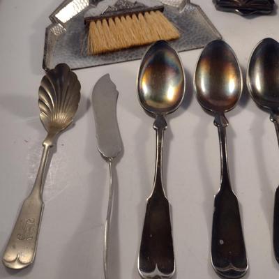 Assorted Metal Table Ware- Teapot, Flatware, Crumb Tray