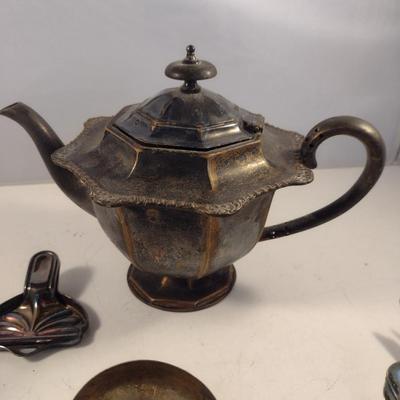 Assorted Metal Table Ware- Teapot, Flatware, Crumb Tray