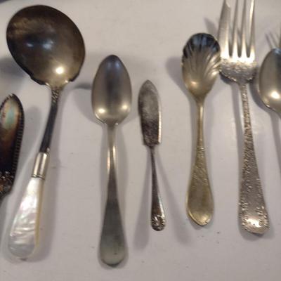 Assorted Metal Table Ware- Teapot, Flatware, Crumb Tray