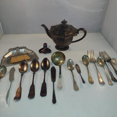 Assorted Metal Table Ware- Teapot, Flatware, Crumb Tray