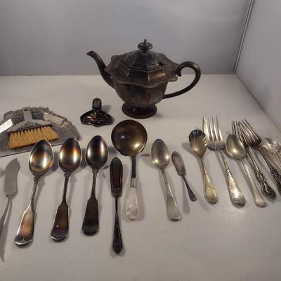 Assorted Metal Table Ware- Teapot, Flatware, Crumb Tray