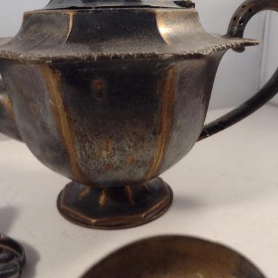 Assorted Metal Table Ware- Teapot, Flatware, Crumb Tray