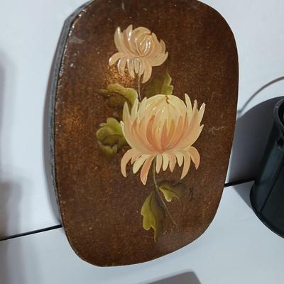Original paintings on wood and a vintage tole hand Painted metal pail and metal tray