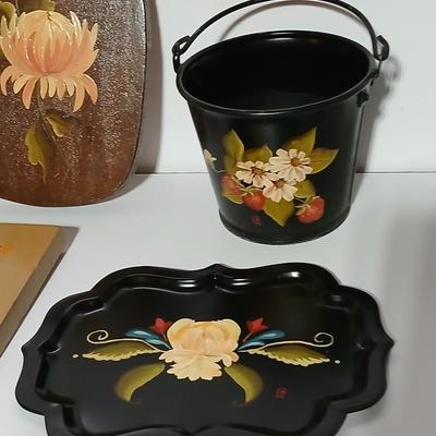 Original paintings on wood and a vintage tole hand Painted metal pail and metal tray
