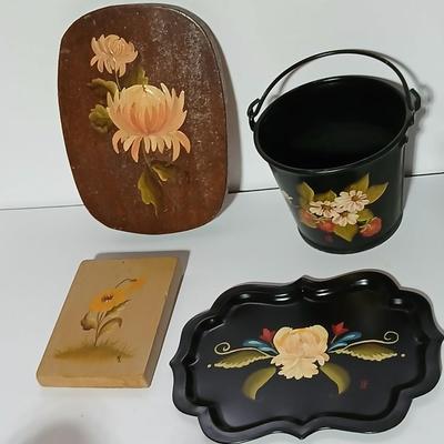 Original paintings on wood and a vintage tole hand Painted metal pail and metal tray