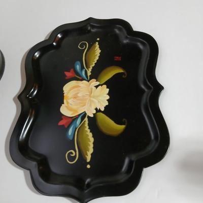 Original paintings on wood and a vintage tole hand Painted metal pail and metal tray