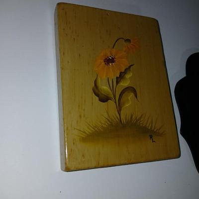 Original paintings on wood and a vintage tole hand Painted metal pail and metal tray