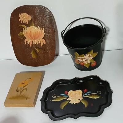 Original paintings on wood and a vintage tole hand Painted metal pail and metal tray
