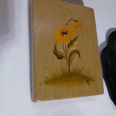 Original paintings on wood and a vintage tole hand Painted metal pail and metal tray