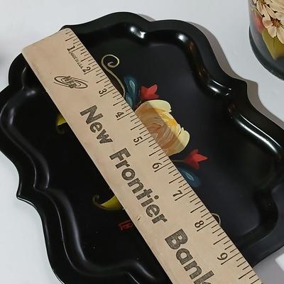 Original paintings on wood and a vintage tole hand Painted metal pail and metal tray