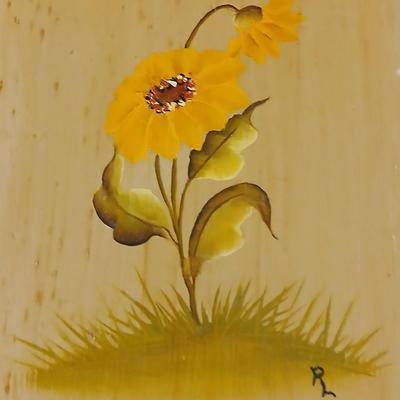Original paintings on wood and a vintage tole hand Painted metal pail and metal tray
