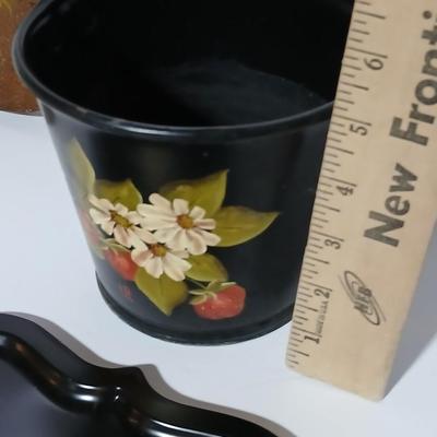 Original paintings on wood and a vintage tole hand Painted metal pail and metal tray