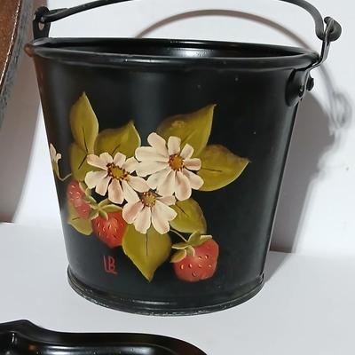 Original paintings on wood and a vintage tole hand Painted metal pail and metal tray