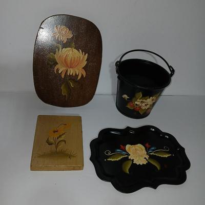 Original paintings on wood and a vintage tole hand Painted metal pail and metal tray