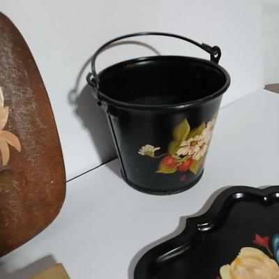 Original paintings on wood and a vintage tole hand Painted metal pail and metal tray