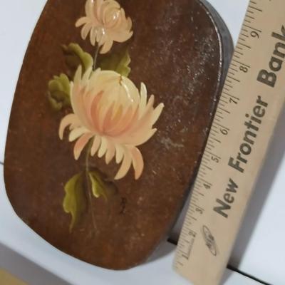 Original paintings on wood and a vintage tole hand Painted metal pail and metal tray