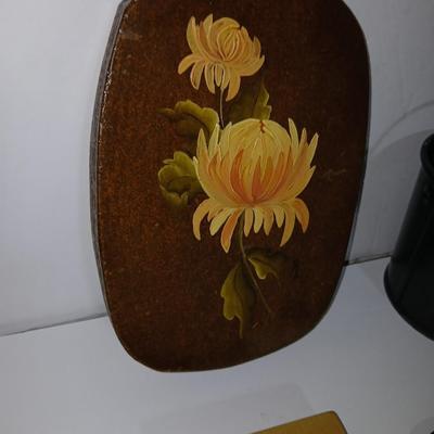 Original paintings on wood and a vintage tole hand Painted metal pail and metal tray