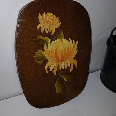 Original paintings on wood and a vintage tole hand Painted metal pail and metal tray