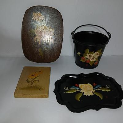 Original paintings on wood and a vintage tole hand Painted metal pail and metal tray