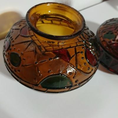Vintage Amber glass-Stained Glass Style Oil Lamp with fuel and a hand painted original wooden artwork