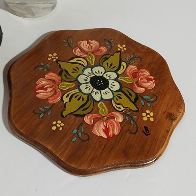 Vintage Amber glass-Stained Glass Style Oil Lamp with fuel and a hand painted original wooden artwork