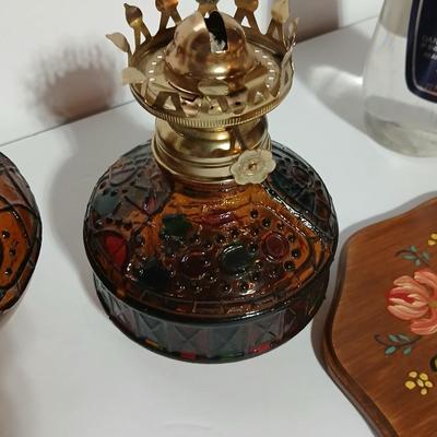 Vintage Amber glass-Stained Glass Style Oil Lamp with fuel and a hand painted original wooden artwork