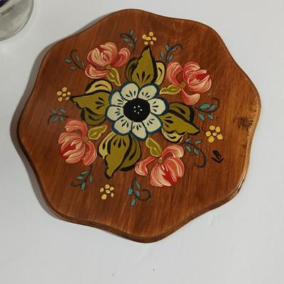 Vintage Amber glass-Stained Glass Style Oil Lamp with fuel and a hand painted original wooden artwork