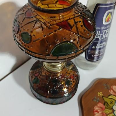 Vintage Amber glass-Stained Glass Style Oil Lamp with fuel and a hand painted original wooden artwork