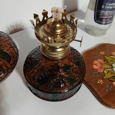 Vintage Amber glass-Stained Glass Style Oil Lamp with fuel and a hand painted original wooden artwork