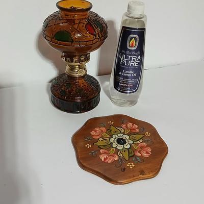 Vintage Amber glass-Stained Glass Style Oil Lamp with fuel and a hand painted original wooden artwork