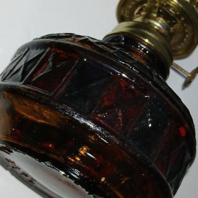 Vintage Amber glass-Stained Glass Style Oil Lamp with fuel and a hand painted original wooden artwork