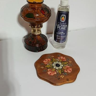 Vintage Amber glass-Stained Glass Style Oil Lamp with fuel and a hand painted original wooden artwork