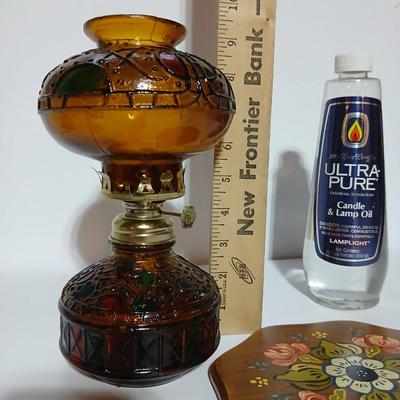 Vintage Amber glass-Stained Glass Style Oil Lamp with fuel and a hand painted original wooden artwork