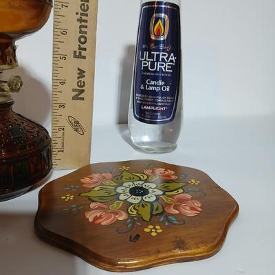 Vintage Amber glass-Stained Glass Style Oil Lamp with fuel and a hand painted original wooden artwork