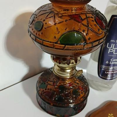 Vintage Amber glass-Stained Glass Style Oil Lamp with fuel and a hand painted original wooden artwork