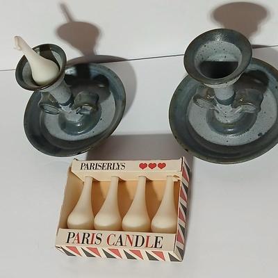 Two signed pottery Candle holders with vintage Pariserlys Paris candles