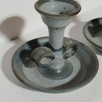 Two signed pottery Candle holders with vintage Pariserlys Paris candles