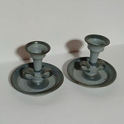 Two signed pottery Candle holders with vintage Pariserlys Paris candles