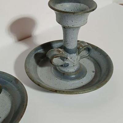 Two signed pottery Candle holders with vintage Pariserlys Paris candles