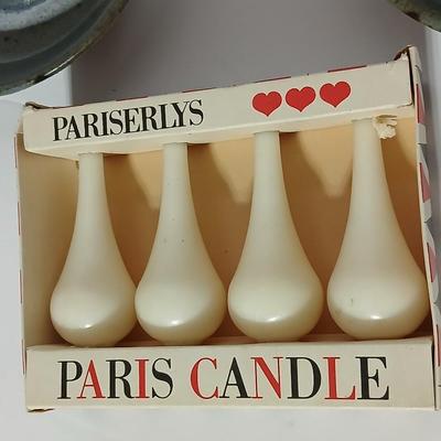 Two signed pottery Candle holders with vintage Pariserlys Paris candles