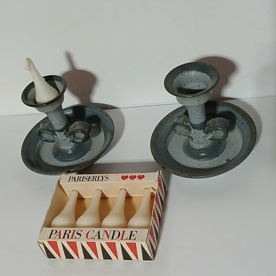 Two signed pottery Candle holders with vintage Pariserlys Paris candles
