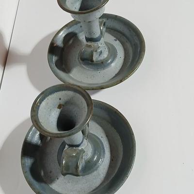 Two signed pottery Candle holders with vintage Pariserlys Paris candles