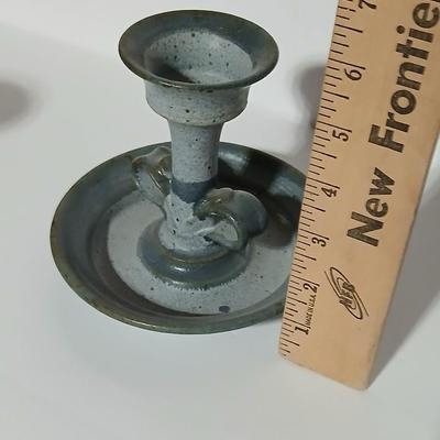 Two signed pottery Candle holders with vintage Pariserlys Paris candles