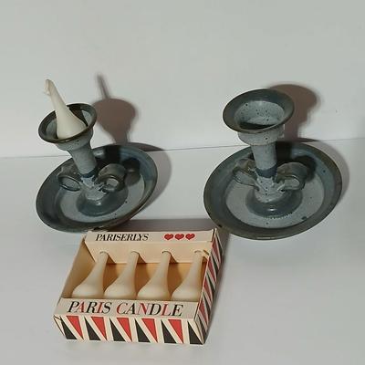 Two signed pottery Candle holders with vintage Pariserlys Paris candles