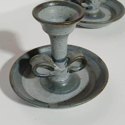 Two signed pottery Candle holders with vintage Pariserlys Paris candles